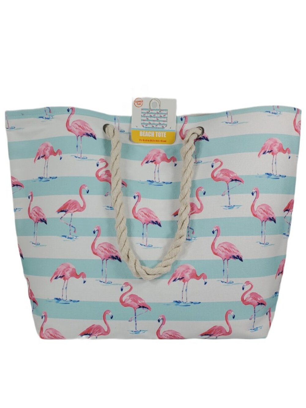 Flamingo Beach Tote Bag w/ Rope Handles, Large, Striped Pink Blue White NWT - Picture 4 of 11